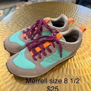 Merrell Aqua and Taupe Athletic Shoes with Purple Laces